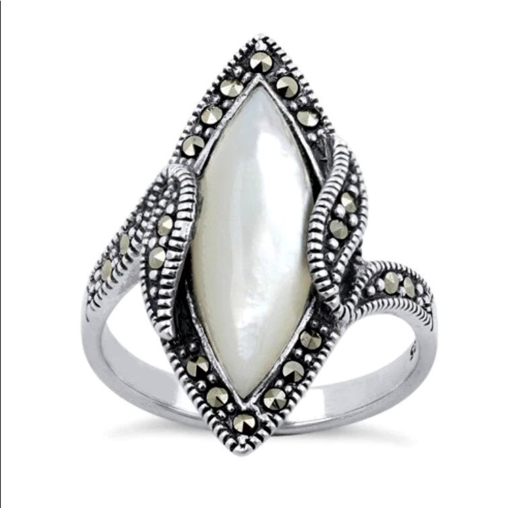 Mother Of Pearl Marcasite Ring 925 Sterling Silver Marquise Women's - Picture 12 of 15